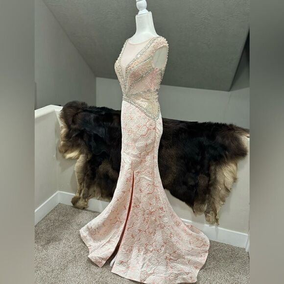 Custom Design Sample, Stunning Beads/Rhinestones Jacquard Brocade Fishtail Gown - Picture 12 of 15